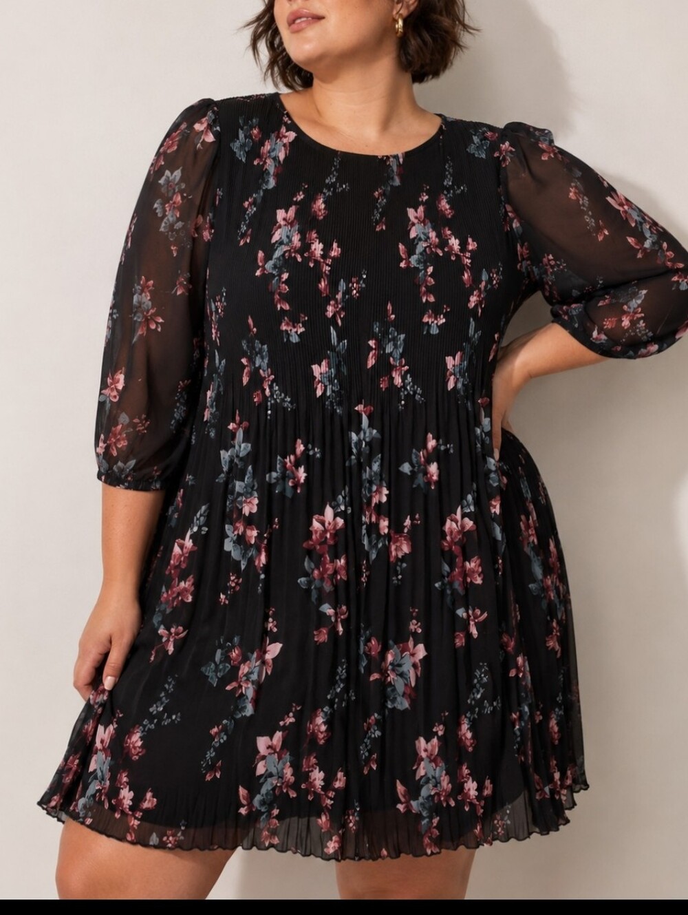 Reitmans XL Black Floral Pleated Tunic Blouse Sheer 3/4 Sleeve Boho Dress Chic
